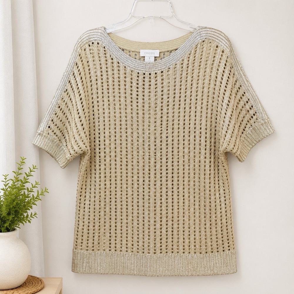 Chicos Open Knit Sweater Womens Short Sleeve Metallic Silver Gold Size 1